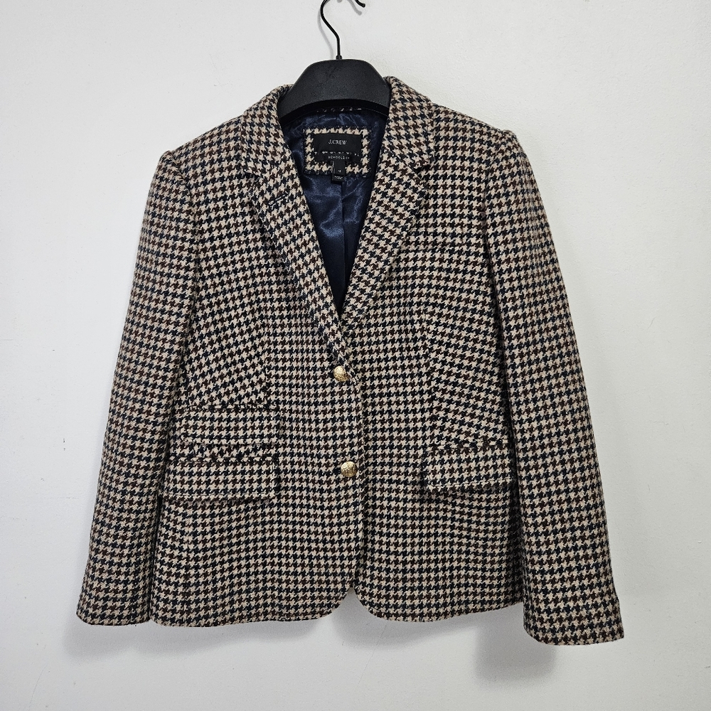 J. Crew Wool Schoolboy Blazer in houndstooth Sz 12 Brown Beige